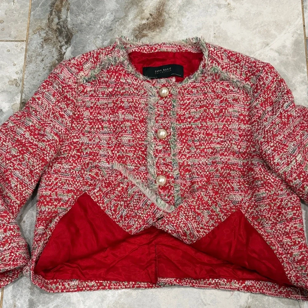 Zara Red Tweed Pearl-Button Jacket - Picture 6 of 8